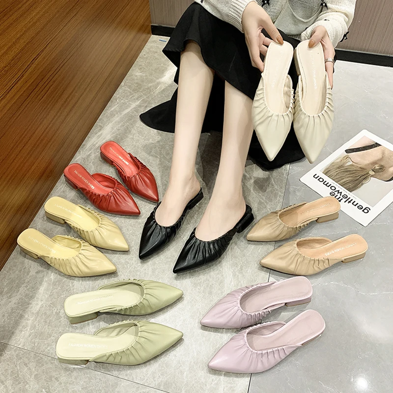 

Мюли женские на плоской подошве, заостренный носок, лоферы, дамские тапочки, квадратный каблук, низкое покрытие, новая блочная искусственна...