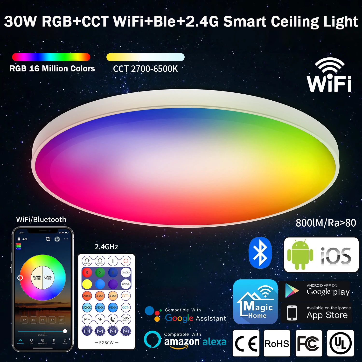 

New 30W LED Ceiling Lamp Smart WIFI Ceiling Lighting For Living Room Bedroom RGB DIY Color Ceiling Lamp With Micr Google Home