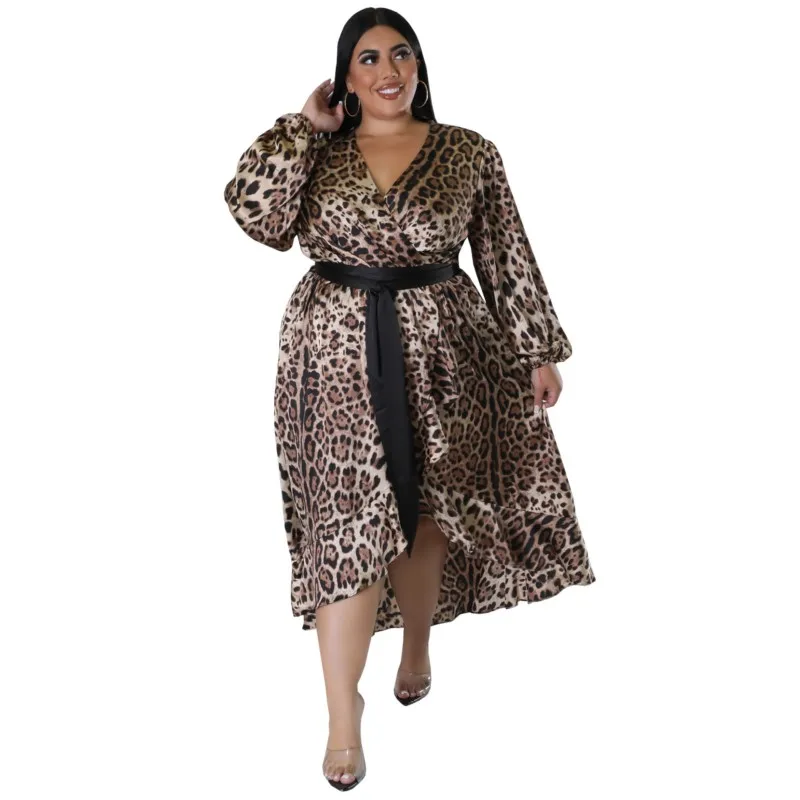

Женские африканские платья с леопардовым принтом, Свободное длинное платье большого размера с V-образным вырезом и оборками, модные халаты ...