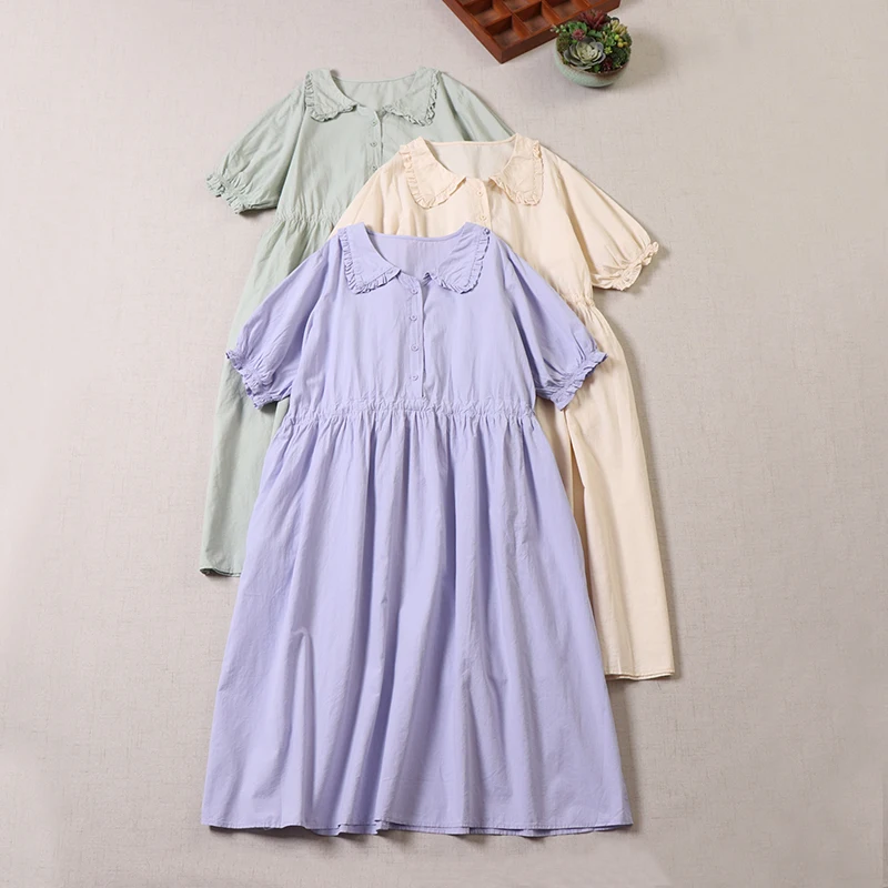 

Платье-миди женское хлопковое однотонное с коротким рукавом и воротником «Питер Пэн»