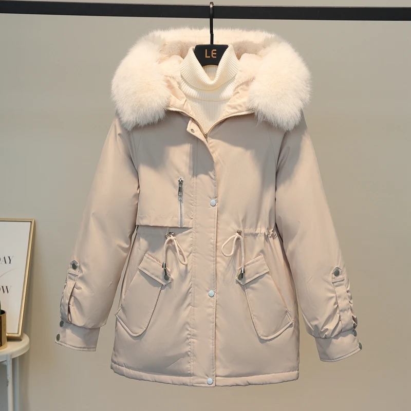 2023 Cotton Padded Fur Parka New Big Fur Collar Down Winter Jacket Women Thick Warm Parkas Female Outerwear