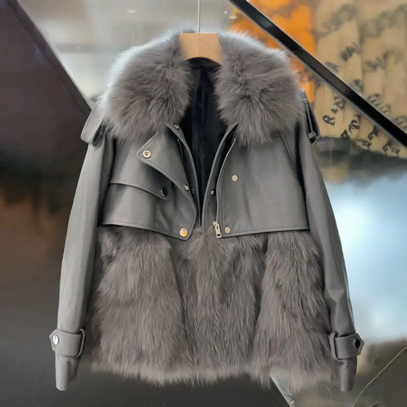2022 Winter Women's Warm Thick Coat Luxury Lady Graceful Faux Fur Jacket Korean Fashion PU Leather Patchwork Outerwear Female