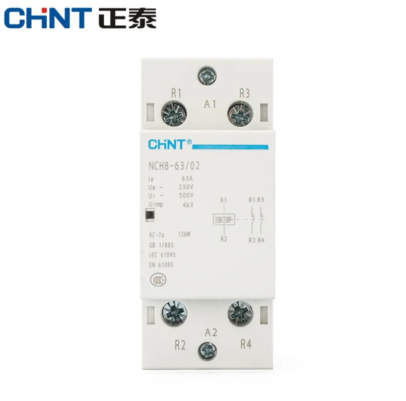 

Бытовой модульный контактор переменного тока CHINT NCH8-63/20, 220 В, 230 В переменного тока, 63 А, 1NO, 1NC, 2NO, 2NC