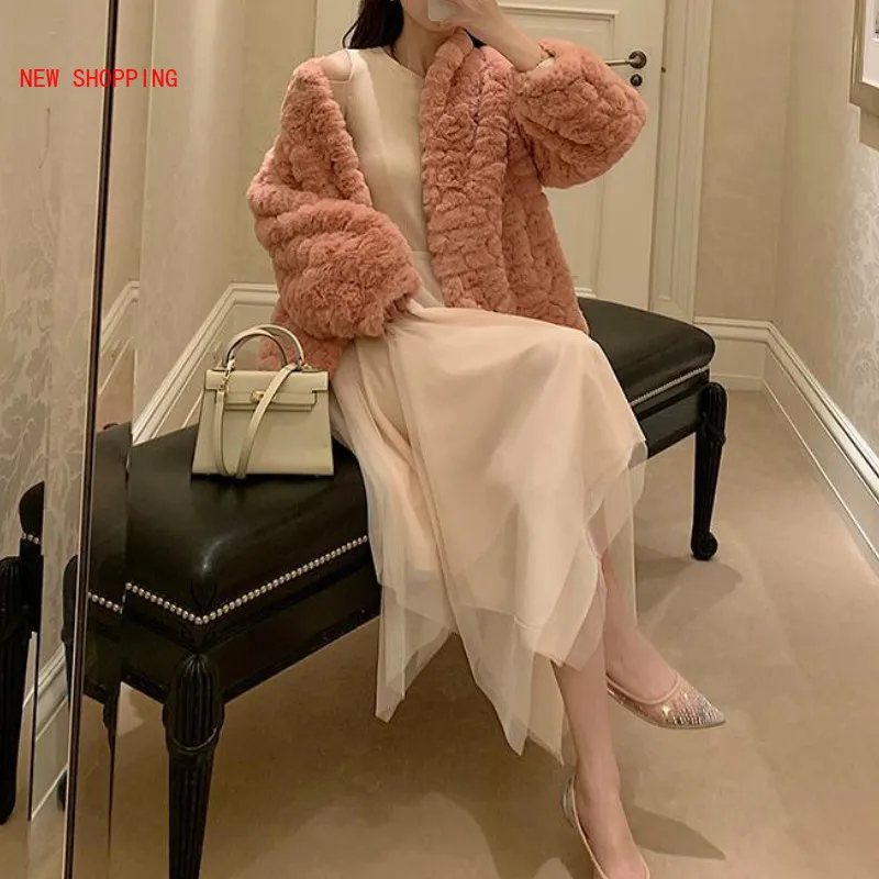 

Teddy Bear Coat Faux Wool Fur Jacket Ladies Casual Fake Rabbit Fur Outerwear Soild Turn-down Collar Overcoat Luxurious Winter