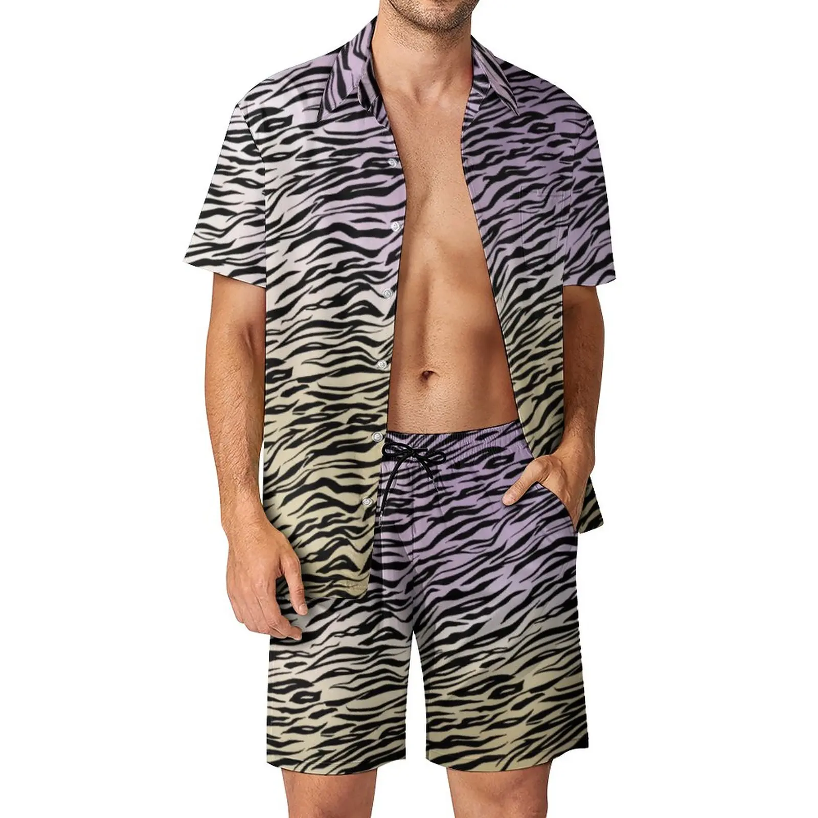

Zebra Print Beach Men Sets Watercolor Ombre Casual Shirt Set Summer Custom Shorts Two-piece Hawaiian Suit Plus Size