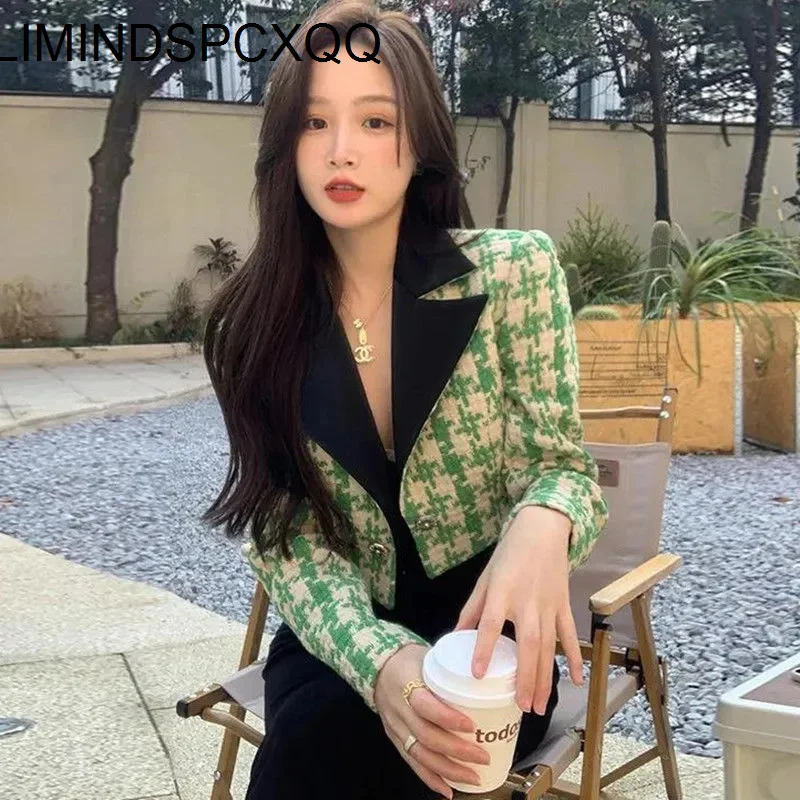 

Green Houndstooth Fragrant Style Jacket Women's Spring New Retro Stitching Short Lapel Female Coat 2022