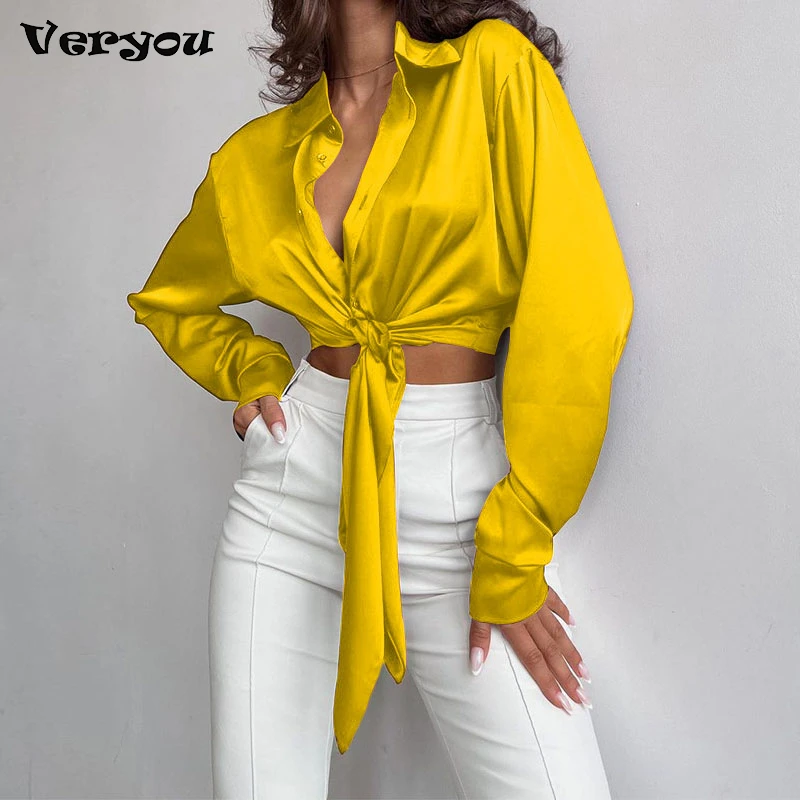 

Новинка Весна 2023, модный темпераментный короткий пикантный женский топ с отложным воротником и длинными рукавами, со шнуровкой и утечкой пудры, женская блузка