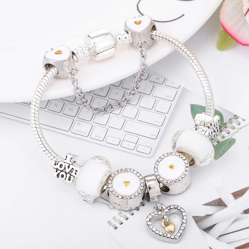 Boosbiy Европейский стиль Браслет и браслет с кристаллами любви цветочными бусинами