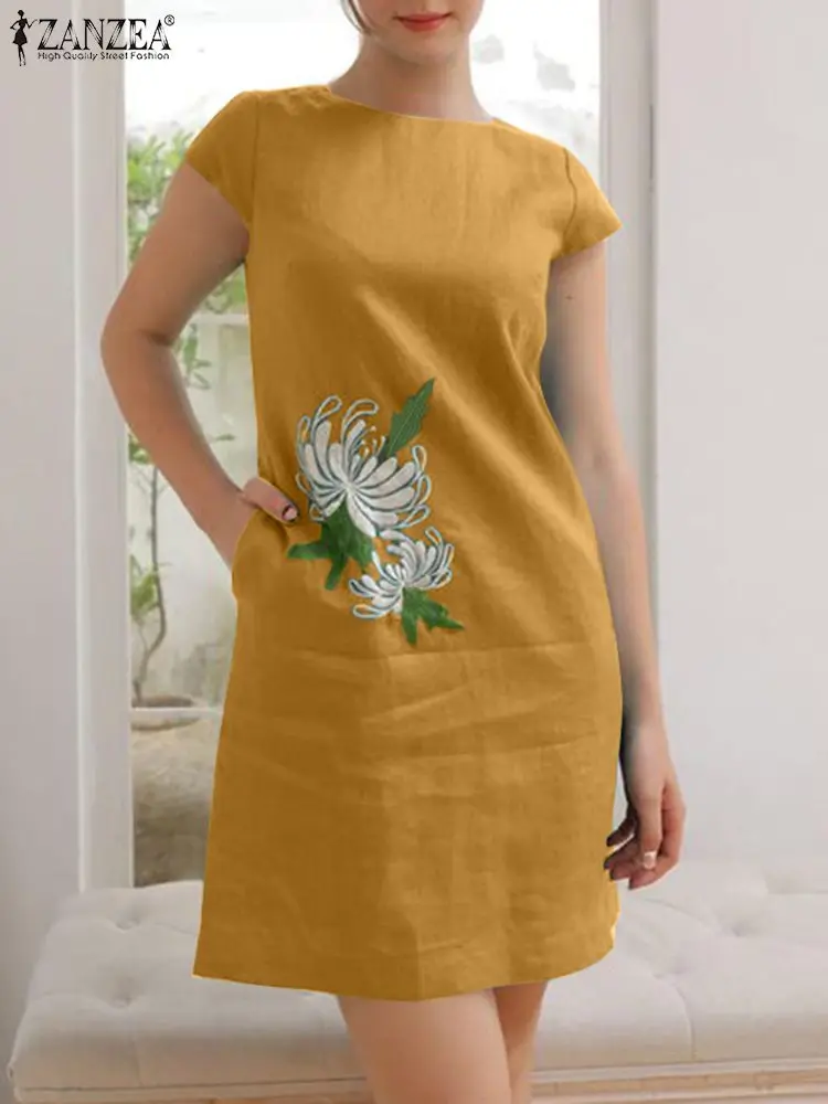 

ZANZEA Bohemian Floral Embroidery Sundress Summer Woman Dress Casual Short Sleeve O-Neck Dresses Female OL Work Robe Oversized
