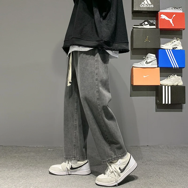 

Мужские брюки в Корейском стиле, свободные прямые брюки до щиколотки с поясом на резинке, серого цвета, уличная одежда для скейтбординга, осень 2022