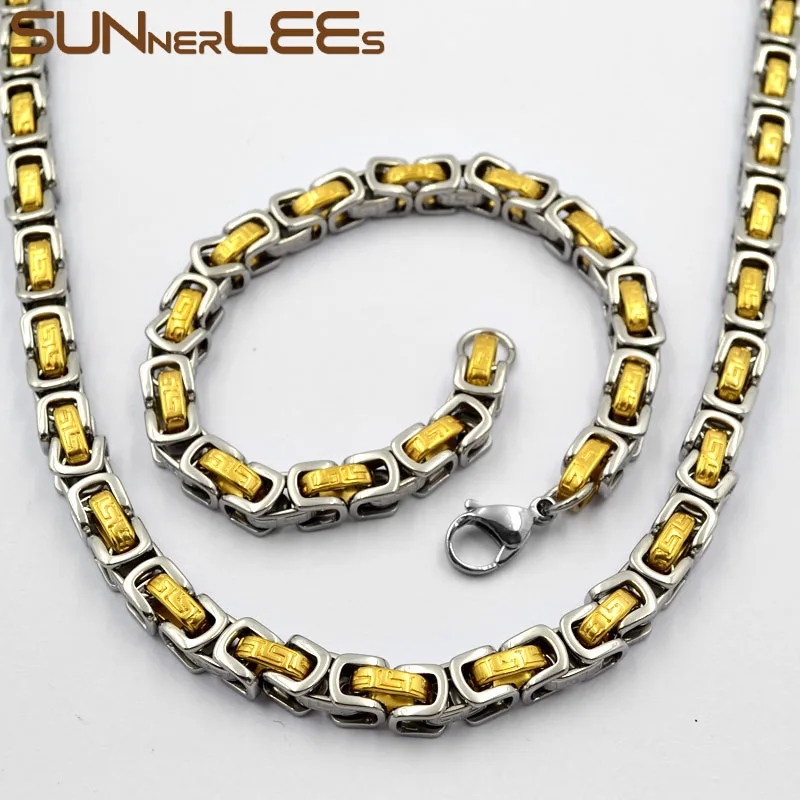

SUNNERLEES Jewelry Stainless Steel Necklace Bracelet Set 7mm Byzantine Link Chain Silver Color Gold Plated Men Women SC141