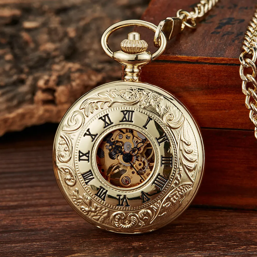 

Vintage Golden Sculpture Tree Pattern Mechanical Pocket Watch Men Women Retro FOB Hand Wind Double Hunter Roman Numerals