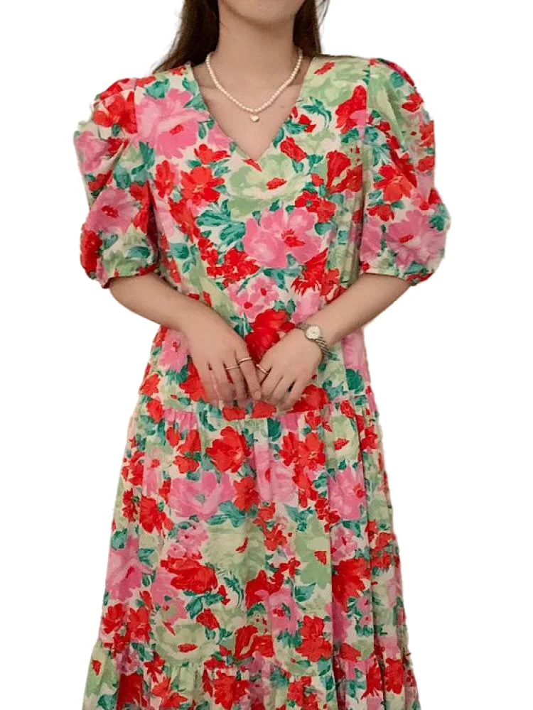 

Korean Style Chic Printed Puff Sleeve Summer Dresses Women 2022 Hot V-neck Loose Slim Casual Long Dress Fashion Women's Clothing