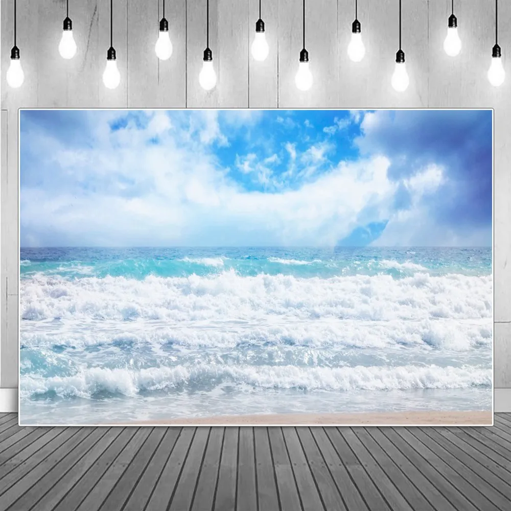 

Big Waves On Beach Photography Backgrounds Summer Ocean Seaside Flood Tide White Floating Clouds Backdrops Photographic Portrait