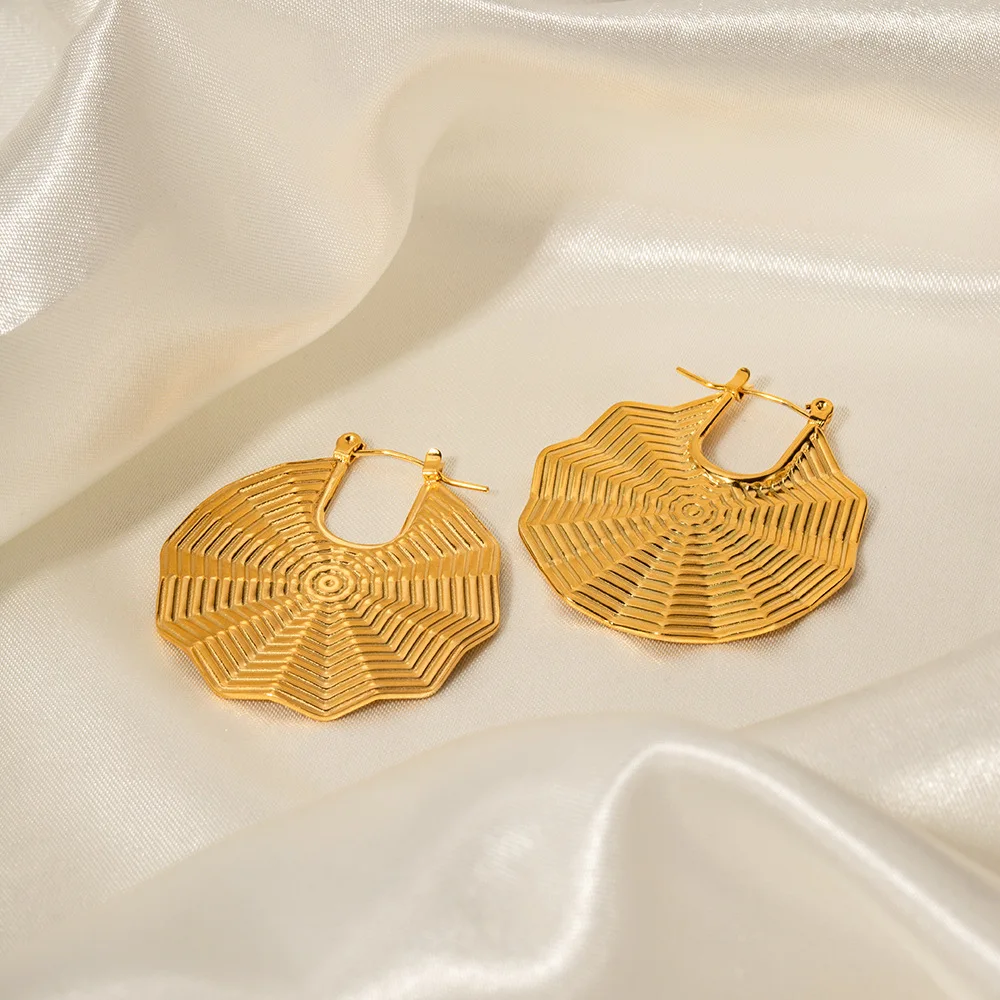 Stainless Steel PVD 18K Gold Plated Tarnish Waterproof Big Fan Shape Hoop Earrings For Woman Jewelry Wholesale Trendy