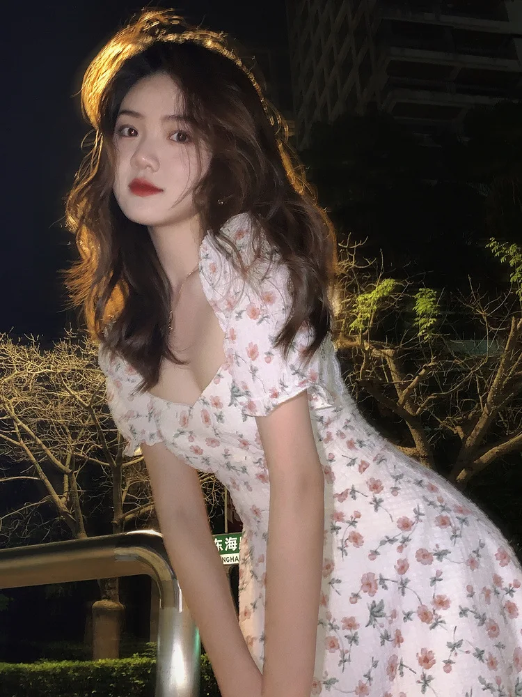 

Sexy Gentle Women Dress 2022 Summer New Square Collar Short Sleeve Floral Printed A-Line Dresses French Style High Waist Frock