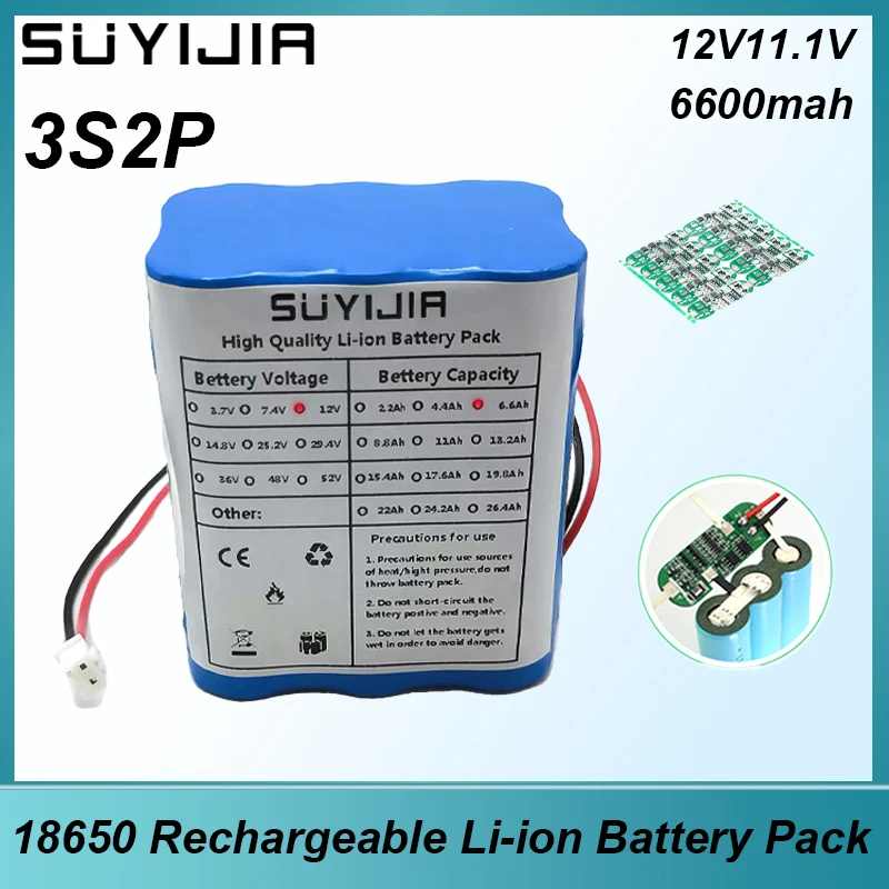 

18650 3S2P 11.1V 6600mah Large Capacity 12V Rechargeable Li-ion Battery Pack with BMS LED Light Emergency Power Backup Battery