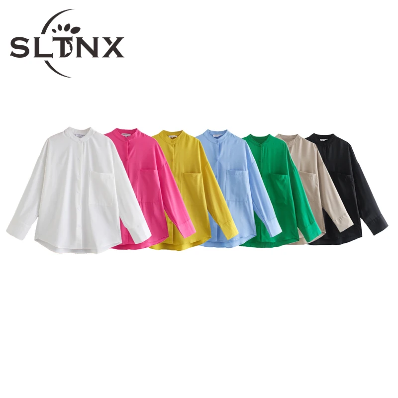 

Модные женские блузки SLTNX 2022 однотонные элегантные рубашки с круглым вырезом и длинным рукавом Топ женские шикарные однобортные женские бл...