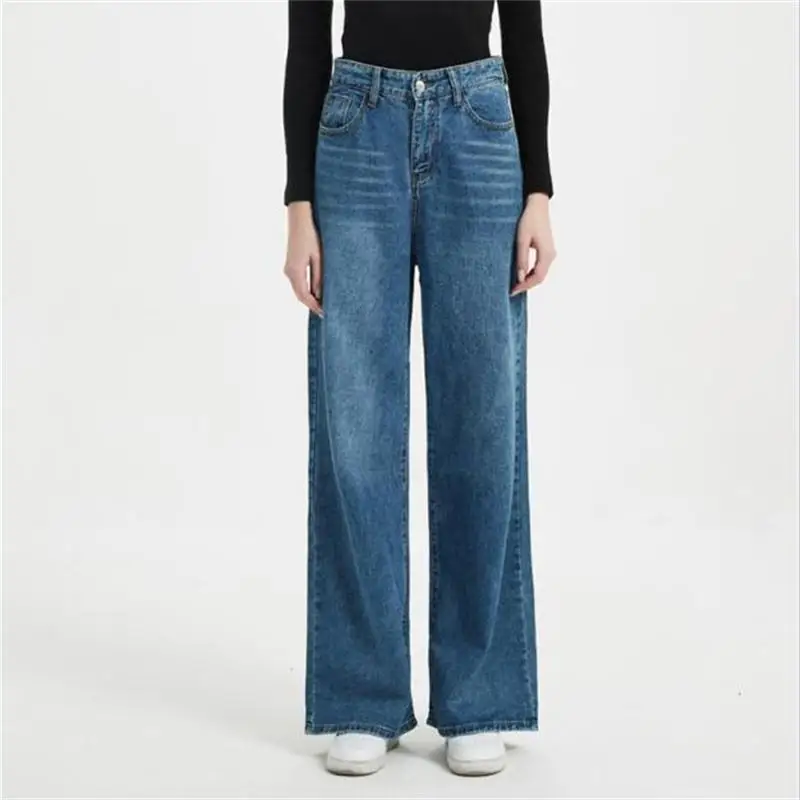 

2022 spring new ladies washed loose blue casual urban all-match wide-leg denim trousers