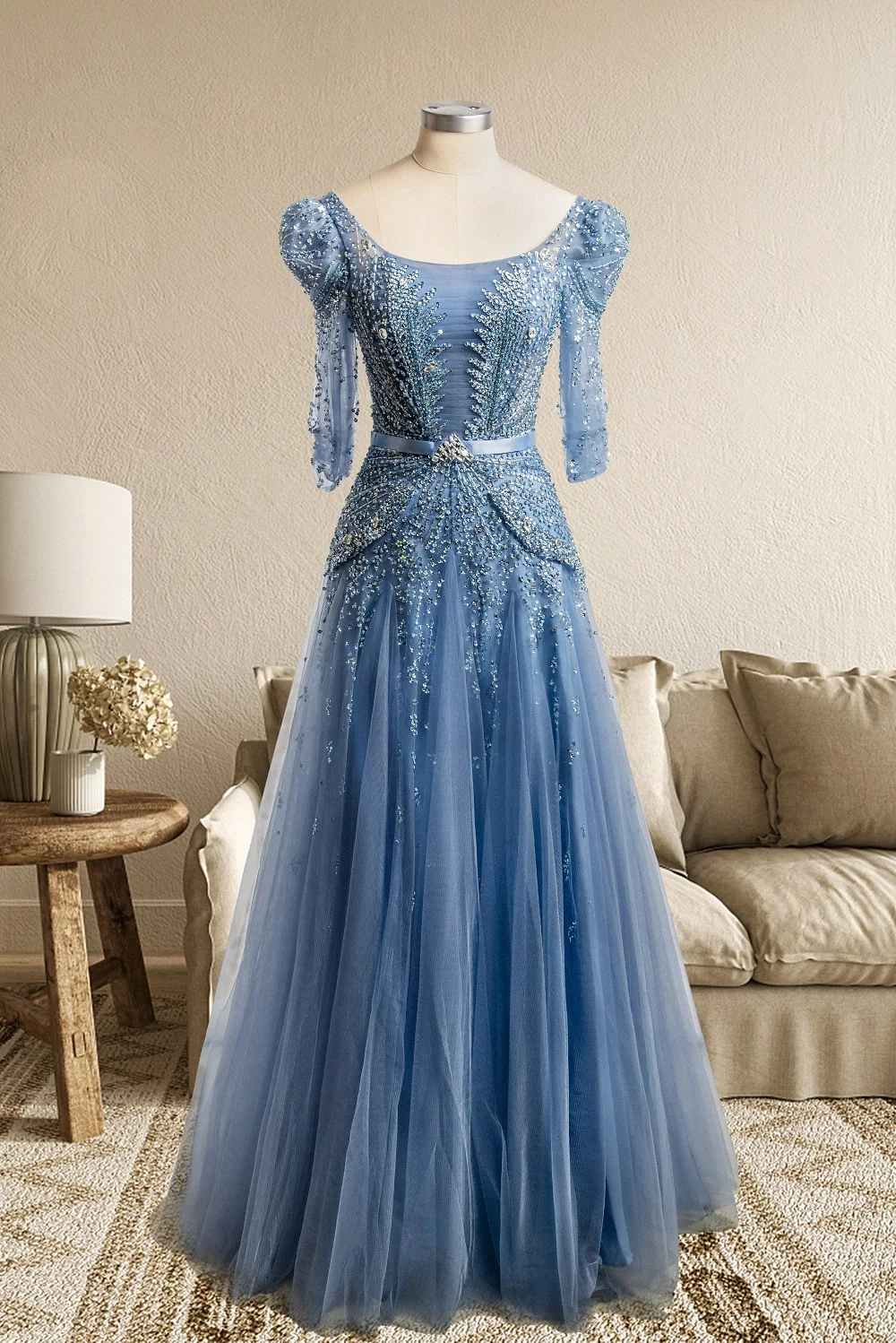 

Elegant Blue Midi Evening Dress With Sleeves 2023 Luxury Dubai Muslim Ankle Length Arabic Short Wedding Formal Party Gowns