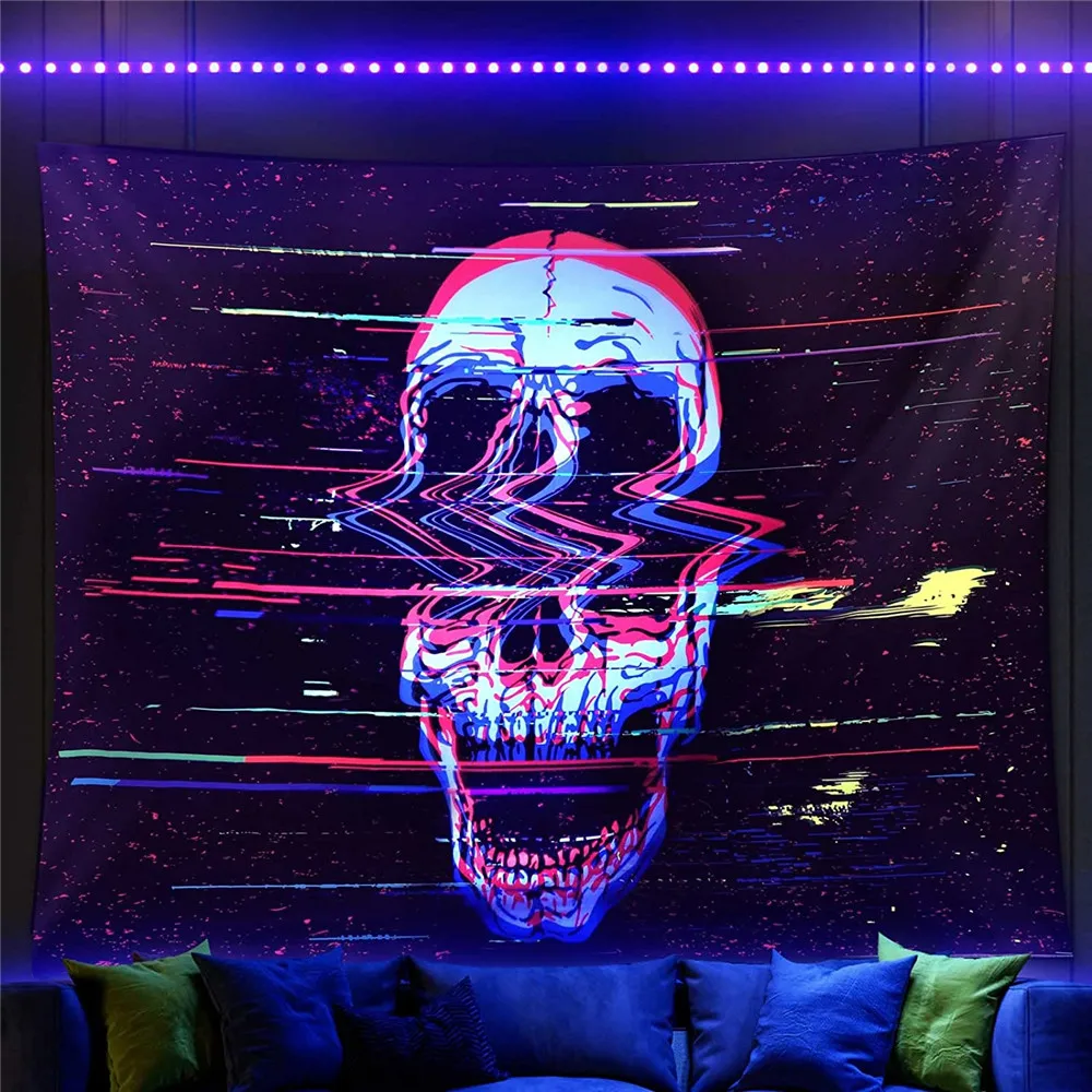 

Blacklight Skull Tapestry UV Reactive Trippy Psychedelic Hippie Tapestry , Black Light Tapestry Wall Hanging for Bedroom Decor
