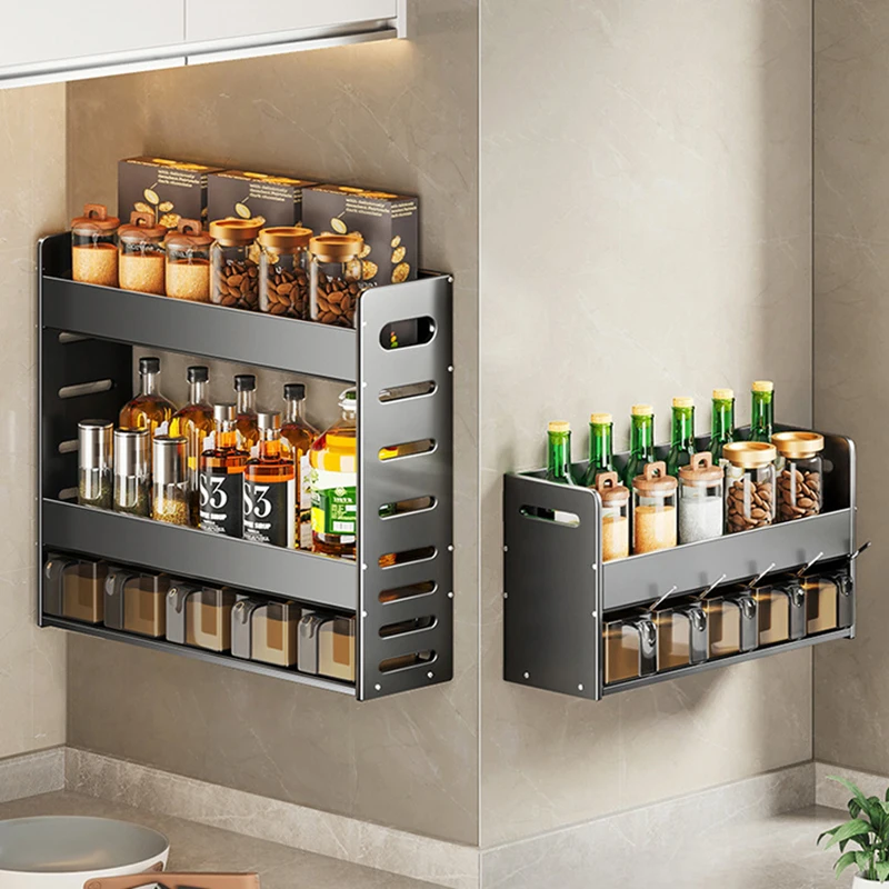 

Kitchen Accessories 1/2/3Layers Space Aluminum Spice Rack Seasoning Storage Rack Door Spices Jars Condiments Kitchen Organizer