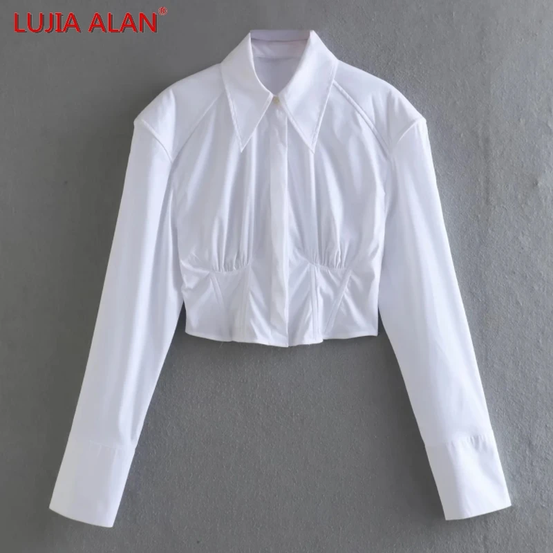 

New Women Turndown Collar White Poplin Shirt Female Casual Long Sleeve Blouse Slim Fit Crop Tops LUJIA ALAN B1697