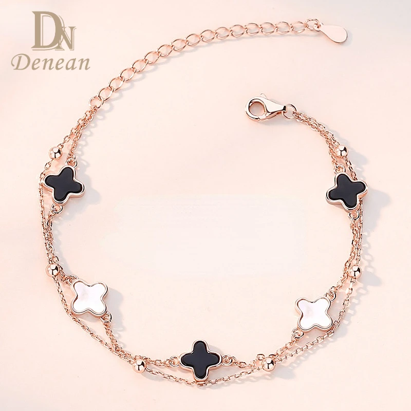 

Denean Real Silver Four-leaf Clover Double-deck Bracelet Beads Black Red White Agate Strand Bracelets for Women Fashion Jewelry