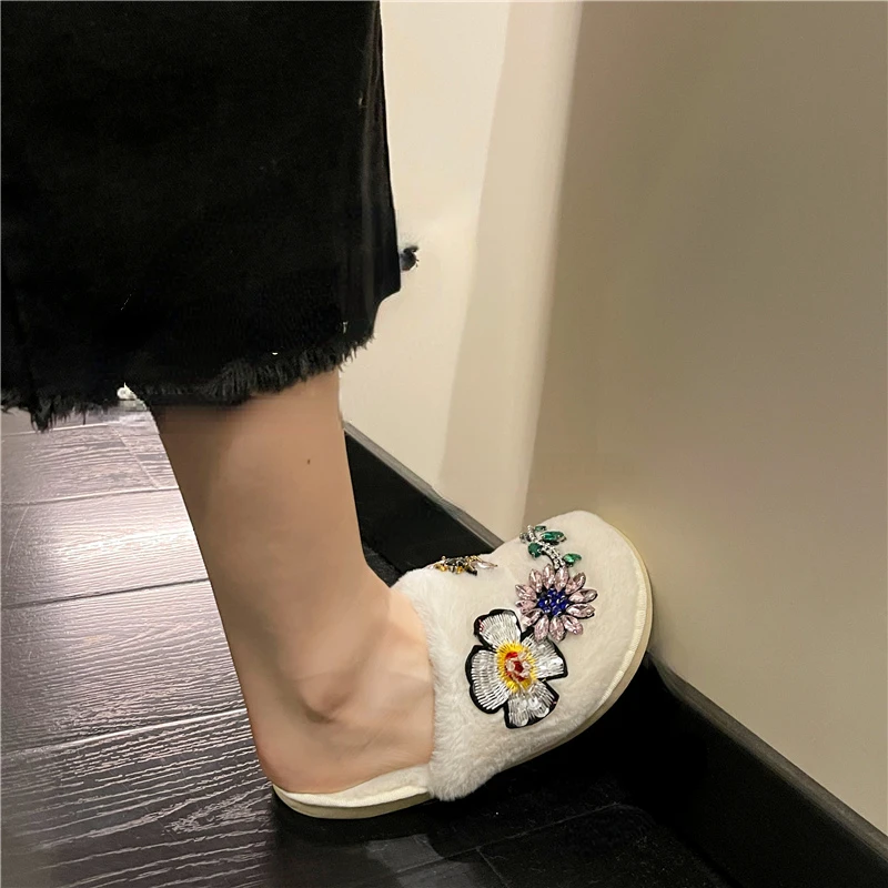 Женские теплые Нескользящие шлепанцы плоская подошва Короткие Плюшевые с