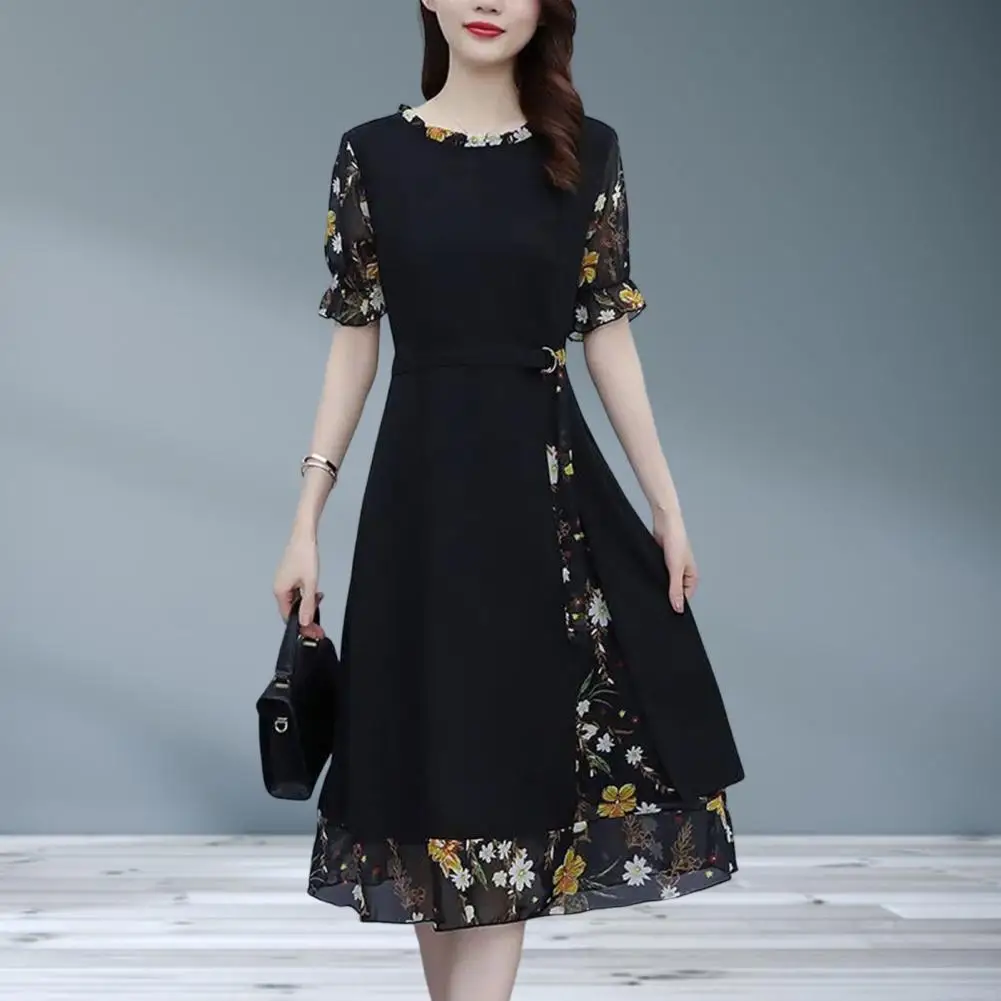 

Chic Midi Dress Plus Size Office Lady Dress O-neck Fake Two Pieces Floral Splicing Casual Dress Versatile