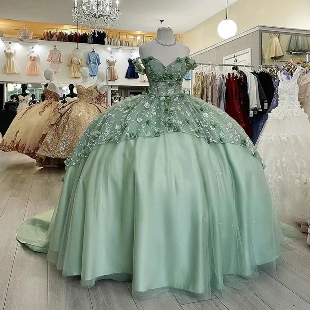 Mint Green Charro Quinceanera Dresses Ball Gown Off The Shoulder Tulle Floral Mexican Sweet 16 15 Anos Customized