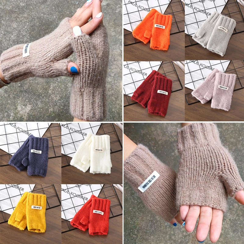 

Winter Women Half Finger Gloves Stretchy Hand Wrist Arm Wamer Crochet Knitting Faux Wool Mittens Fingerless Solid Color Gloves