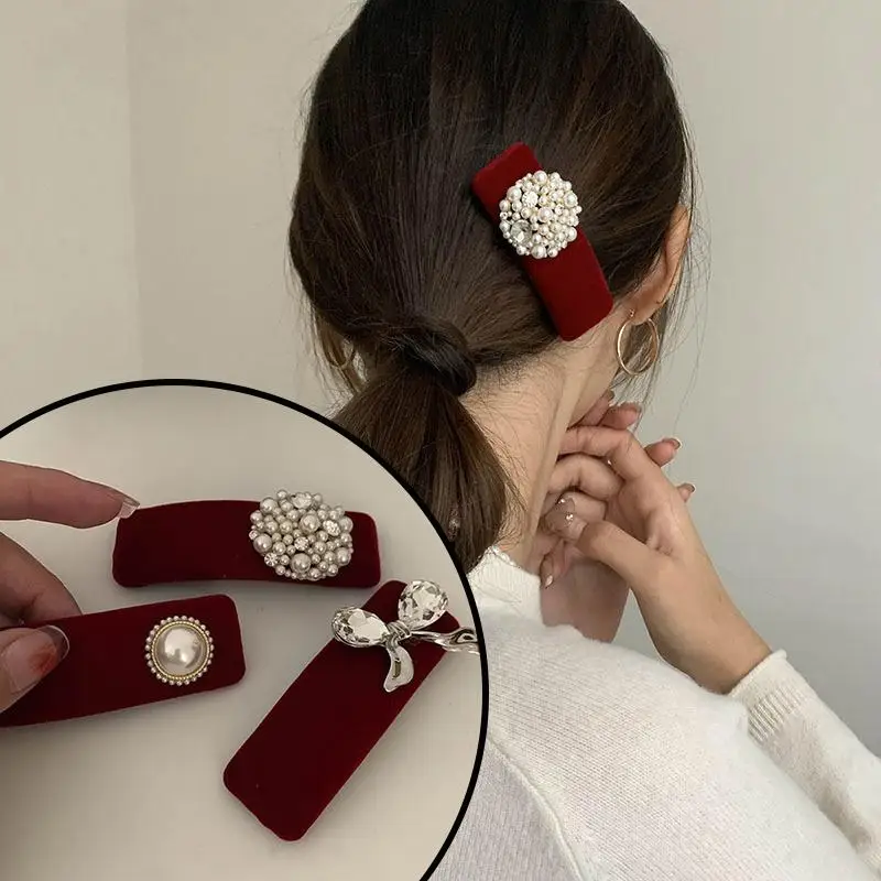 

Christmas Party Bb Clips Fashion Wedding Clip Bangs French Temperament Pearl Side Clip Rhinestone Bowknot Barrette Headdress