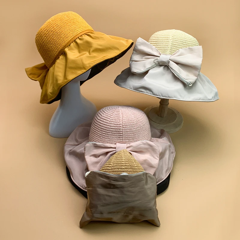 Portable Storage Bow Knitted Women Bucket Hats Cotton Easy matching Soft Beach Summer Fashion Breathable Female Fisherman Caps