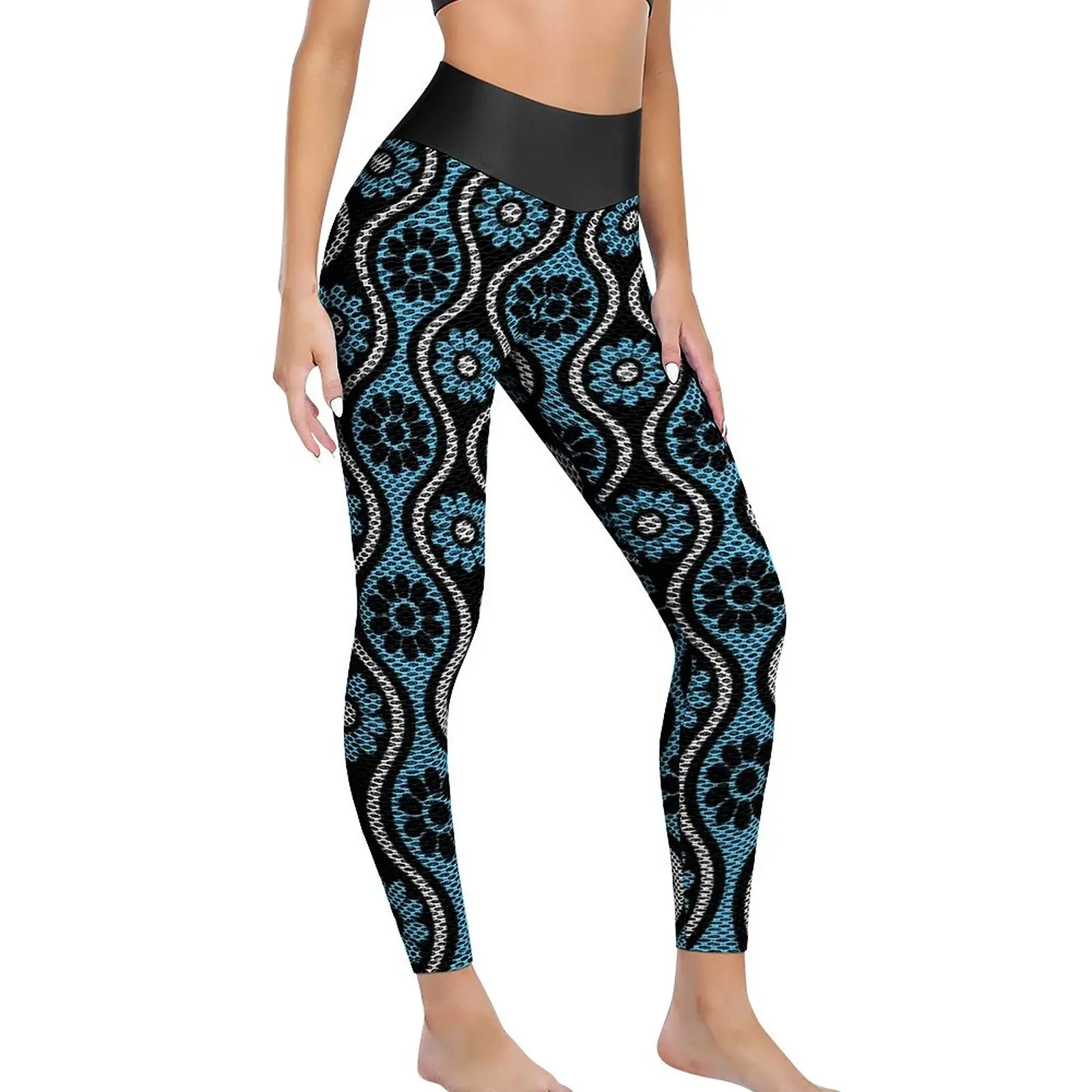 Retro 70S Style Leggings Sexy Vintage Blue Pattern Gym Yoga Pants High Waist Elastic Sports Tights Women Elegant Print Leggins