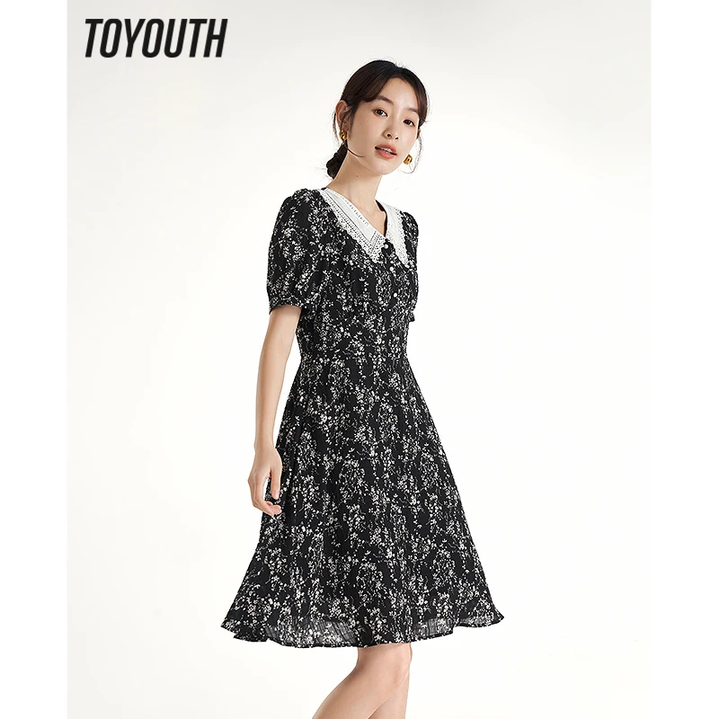 Toyouth Women Dress 2023 Summer Short Sleeve Hollow Embroidered Lapel A-shape Full Floral Print Pure Cotton Vintage Chic Skirt