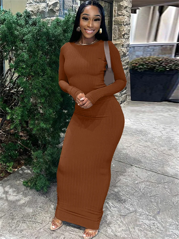 

Elegant Sexy Bodycon Maxi Prom Dress Ribbed O Neck Long Sleeves Fall Winter Women Casual Streetwear Birthday Party Dress