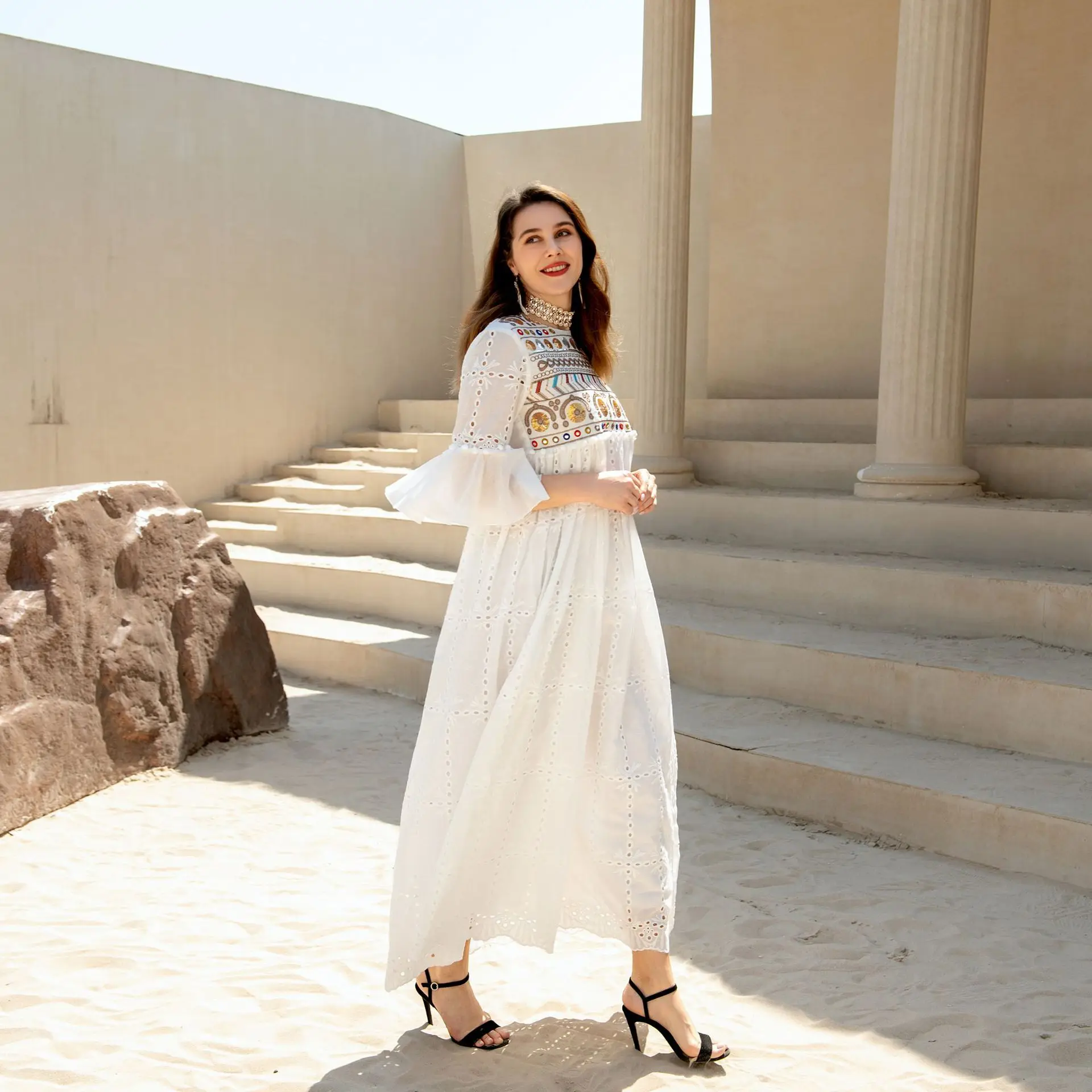 Robe Femme Musulmane Middle East Ramadan Lantern Sleeve Muslim Fashion Loose Arabic Sequin Embroidered Cotton Abayas For Women