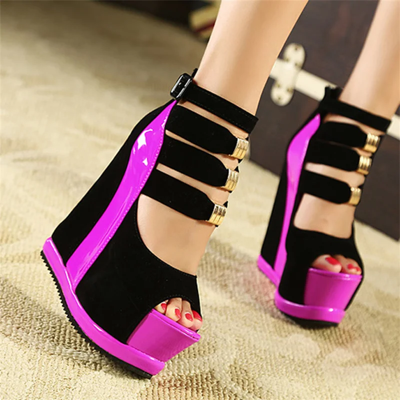 

Women wedge sandals female thick bottom Bohemia high-heeled sandals fashion ankle dewy toe shoes fish mouth super high heels