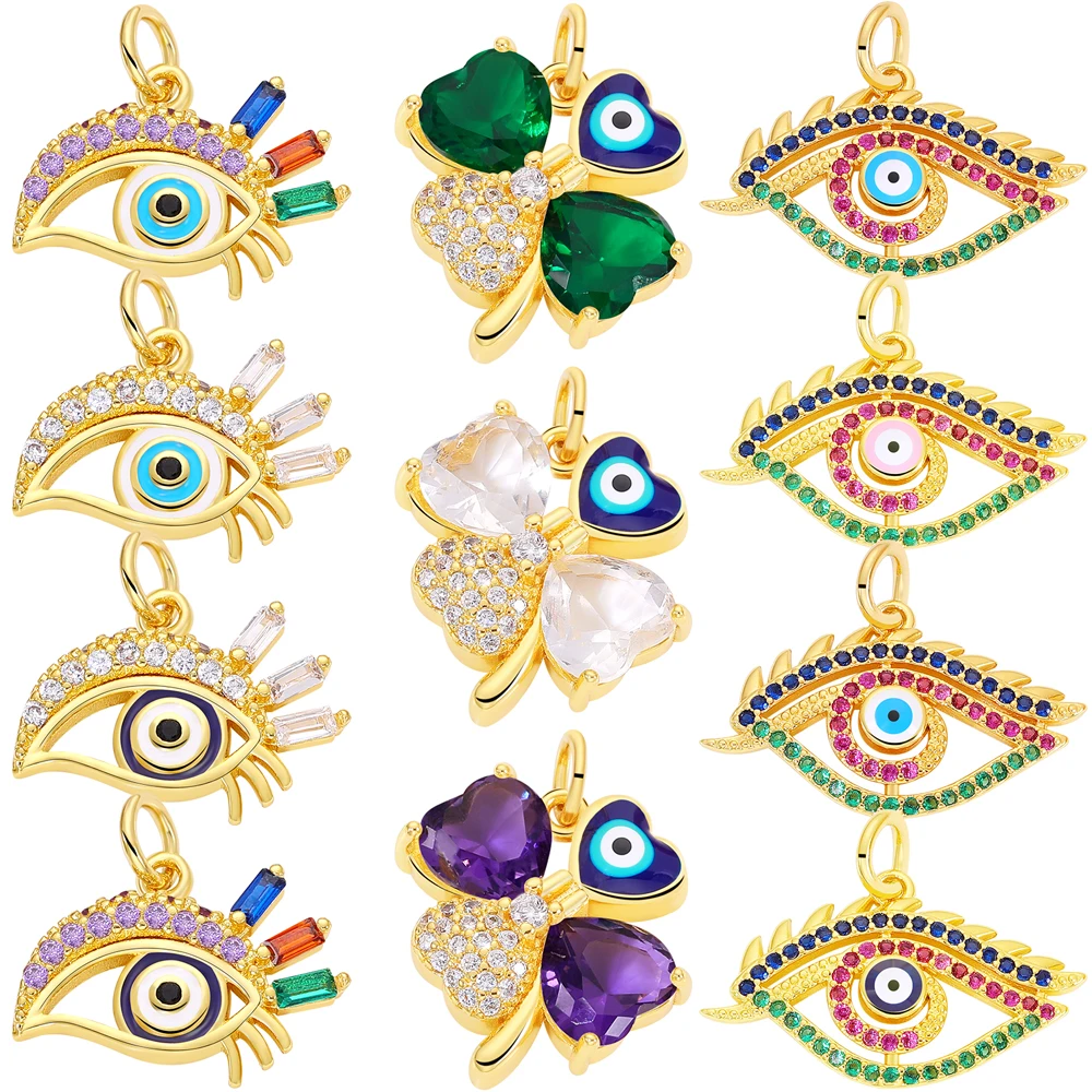 

Juya Handicraft Colorful Cubic Zirconia 18K Real Gold Plated Enamel Greek Evil Eye Charms For DIY Fatima Pendant Jewelry Making