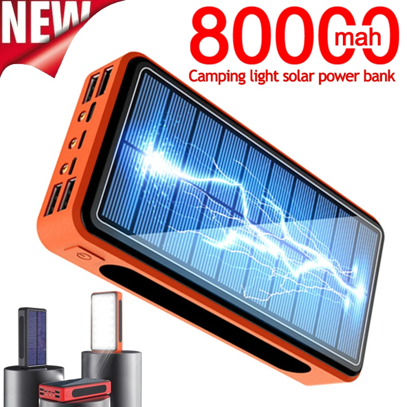 

80000mAh Power Bank Solar External Battery High Capacity 4USB Ports Phone Charger Camping LED Light Powerbank for Xiaomi iPhone