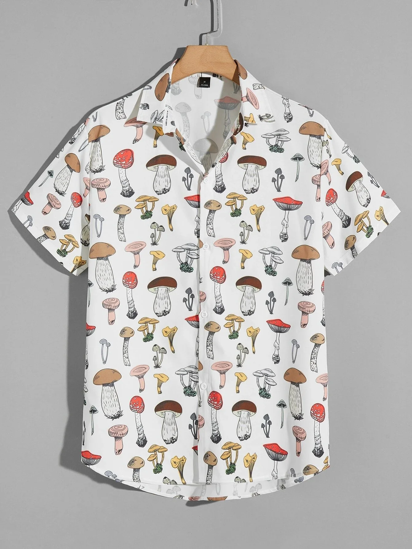 

ROMWE Guys Mushroom Print Button Front Curved Hem Shirt