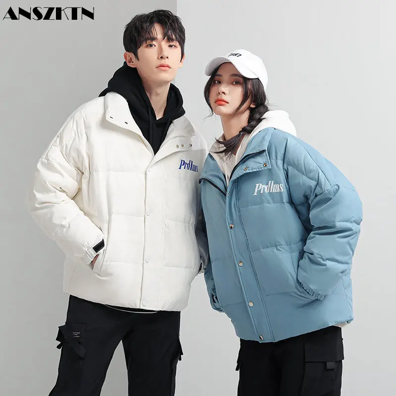 

ANSZKTN Men winter hooded women hooded down coat couple unisex fashionable versatile white down jacket