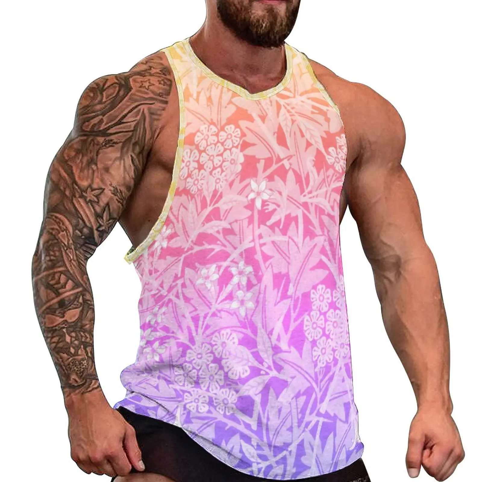 

Floral Boho Print Tank Top Males Abstract Rainbow Gym Oversized Tops Daily Trendy Design Sleeveless Shirts