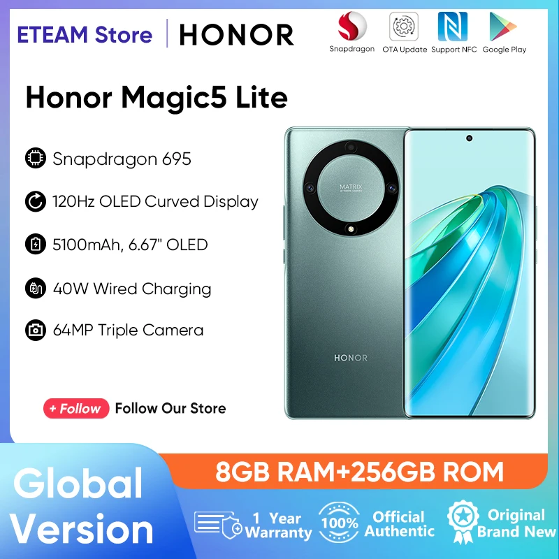 

HONOR Magic 5 Lite 5G Global Version HONOR X9a 6.67 Inches 120Hz AMOLED Display 64MP Triple Camera with 5100mAh Android 12