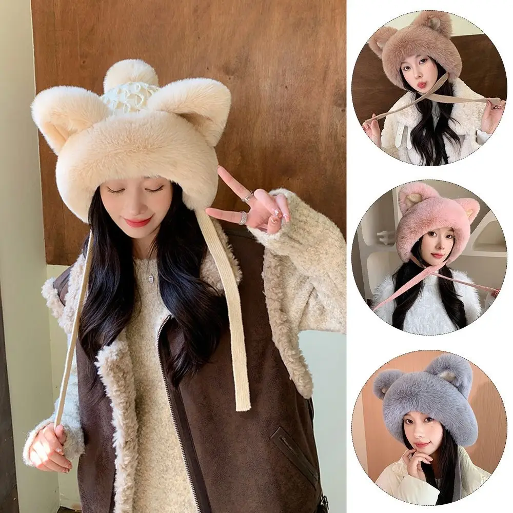 

Непромокаемая Шапка-бини из искусственного меха, модная утолщенная зимняя теплая шапка с помпоном, шапка с кошачьими ушками, вязаная шапка, женские аксессуары