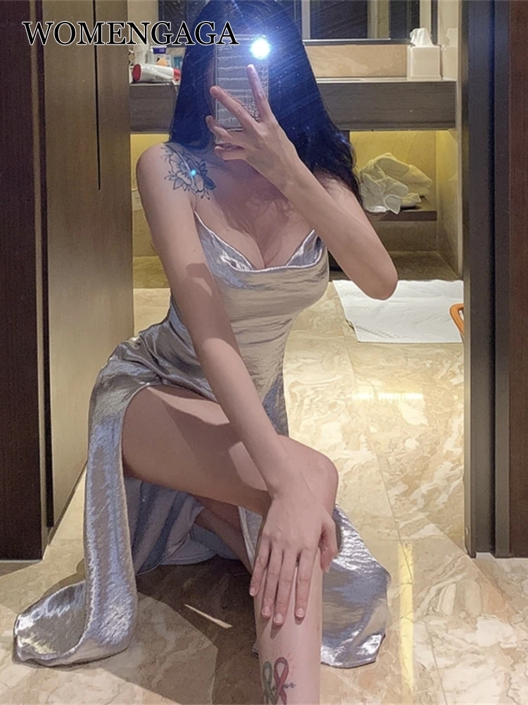 

WOMENGAGA Hot Girl Maxi Long Tank Summer Party Beach Dress Elegant Sexy Split Silver Korean Women Dresses Clothes Vintage C8TU