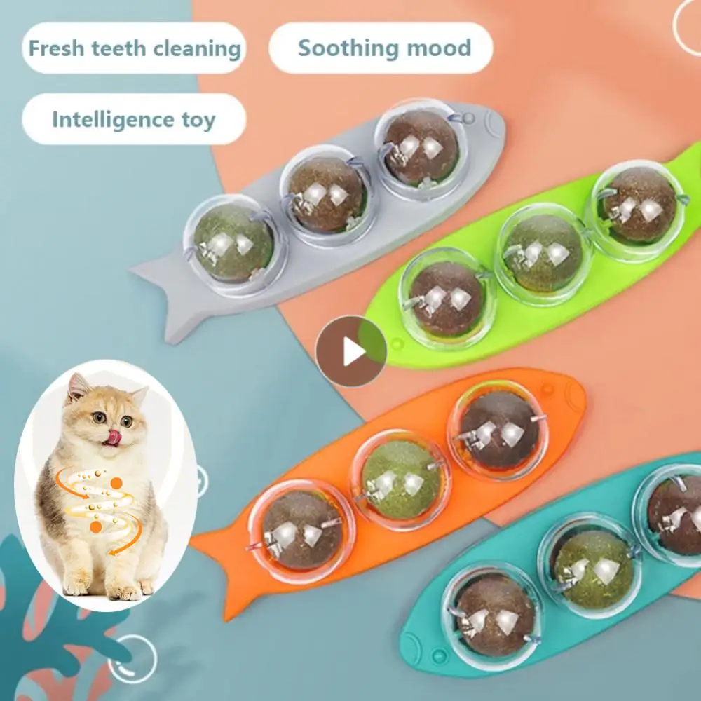 

3 в 1 Набор шариков из кошачьей мяты, игрушки для кошек, лакомство, Снэк, самоклеящаяся вращающаяся кошачья мята, мяч для котов, настенное креп...