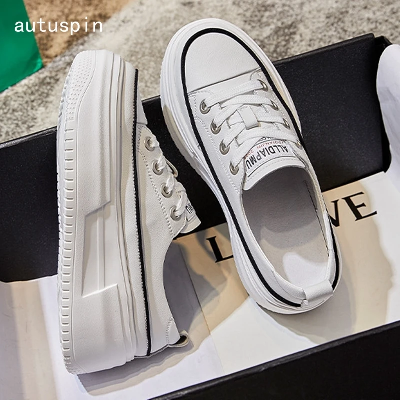 

Autuspin Fashion White Flats Women Summer Casual Lace Up Platform Sports Sneakers Female Cow Leather Leisure Vulcanized Shoes