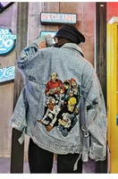 womens spring and autumn new casual loose denim jacket retro pattern patch embroidery ripped white couple jacket